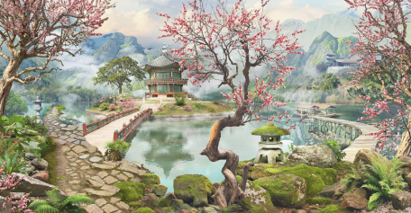 Японский сад с прудом и сакурой