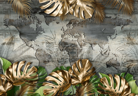 Золотые листья монтеры на фоне карты