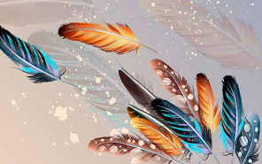 Разноцветные перья на бежевом фоне