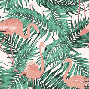 Пальмовые листья и розовые фламинго на белом фоне