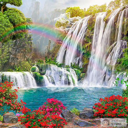 Фотообои Радуга над озером с водопадом