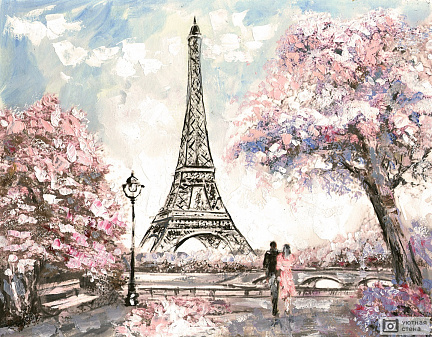 Фотообои Эйфелева башня в Париже. Нежный пейзаж маслом