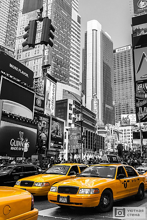 Фотообои Желтые такси на черно-белом фоне Таймс-сквер