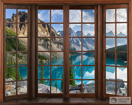 Фотообои Окно с видом на горное озеро