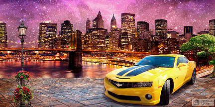 Фотообои Желтый автомобиль на фоне ночного города