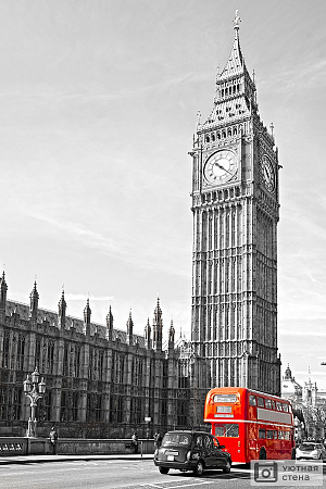 Фотообои Биг Бен и Вестминстерский мост с красным автобусом