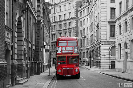 Красный автобус на черно-белой улице