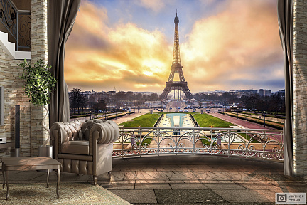 Фотообои Интерьер жилого дома с видом на Париж