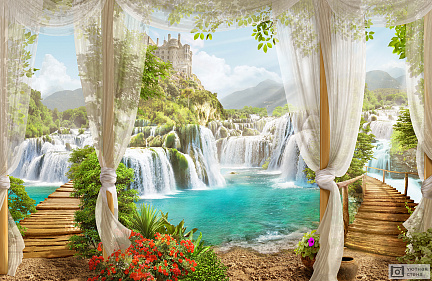 Фотообои Вид из бунгало на водопады и замок
