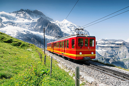 Фотообои Знаменитый поезд на горе Юнгфрау в солнечную погоду