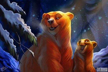 Медведица с медвежонком в зимнем лесу