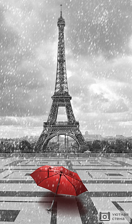 Фотообои Красный зонт на фоне черно-белой Эйфелевой башни