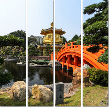 Японский сад с красным мостиком