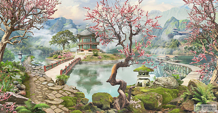 Фотообои Японский сад с прудом и сакурой