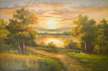 Закат на дороге у озера