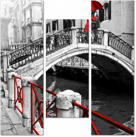 Черно-белая Венеции с красными деталями в стиле масляной живописи