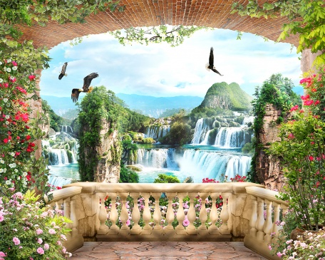 Балкон с видом на прекрасный водопад