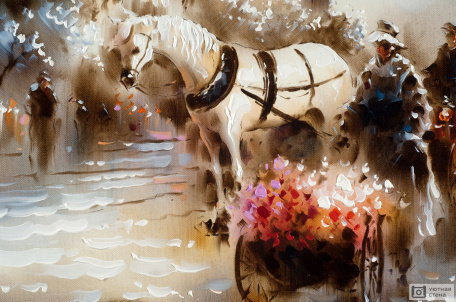 Белая лошадь и тележка с цветами