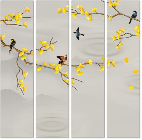 Перелетные птицы на цветущих ветвях