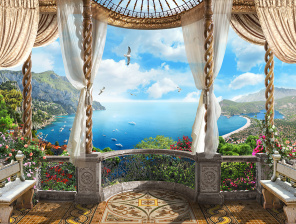 Роскошный балкон с видом на море и чайки
