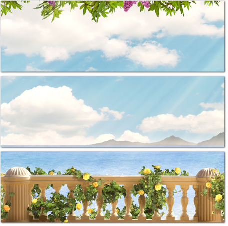 Украшенный цветами балкон с видом на море