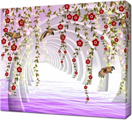 3D туннель с цветами и птицами