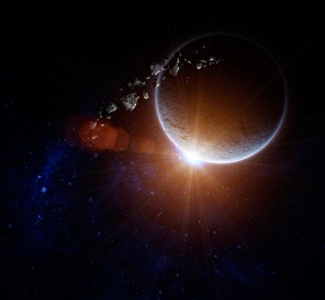 Планета с астероидом на фоне звезд