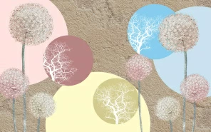 Объемные одуванчики и разноцветные круги на текстурном фоне