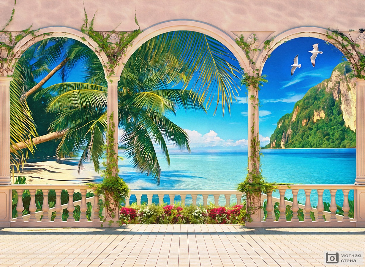 Терраса с арками на берегу тропического пляжа