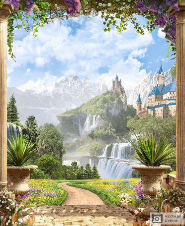Арка террасы с видом на горы, замок и водопад