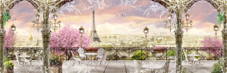 Цветущие деревья и кафе в Париже