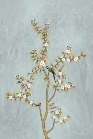 Ветка с попугаем и снегирём