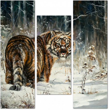 Пейзаж с тигром в зимнем лесу