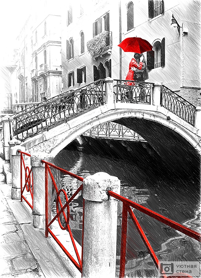 Фотообои Черно-белая Венеции с красными деталями в стиле рисунка  карандашом - Арт. 070212 | Купить в интернет-магазине Уютная стена