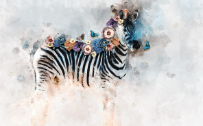 Зебра с цветами и бабочками