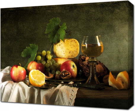 Классический натюрморт с фруктами, сыром, орехами и вином