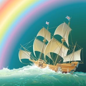 Корабль в морской пучине с радугой