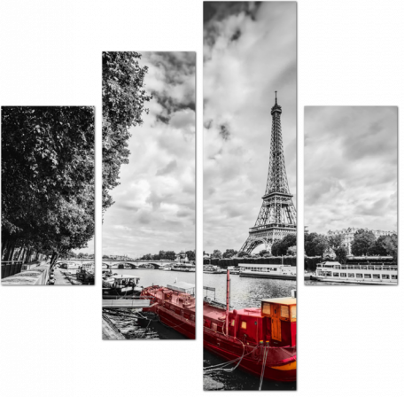 Красный туристический корабль на реке Сена в Париже