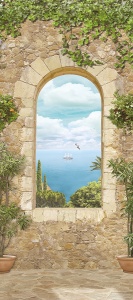 Окно в каменной стене с видом на корабль в море