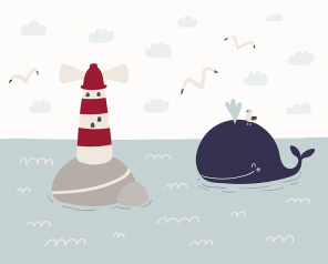 Кит и маяк в море