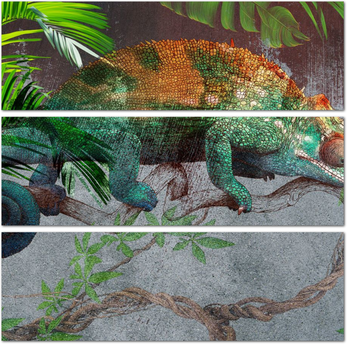 Яркий хамелеон в тропических листьях