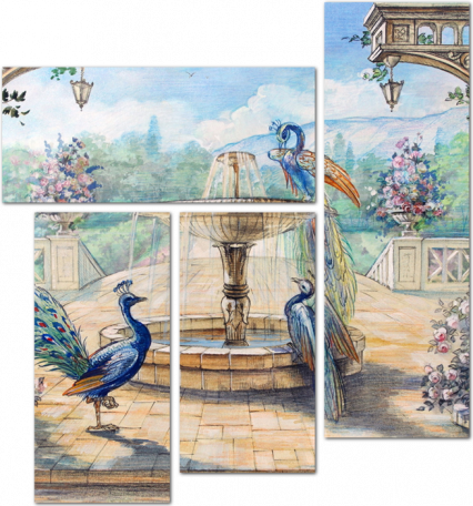 Нарисованная терраса с фонтаном и павлинами