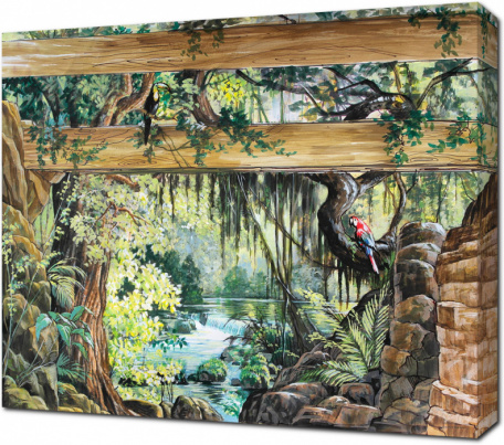 Нарисованный пейзаж с джунглями и водопадом