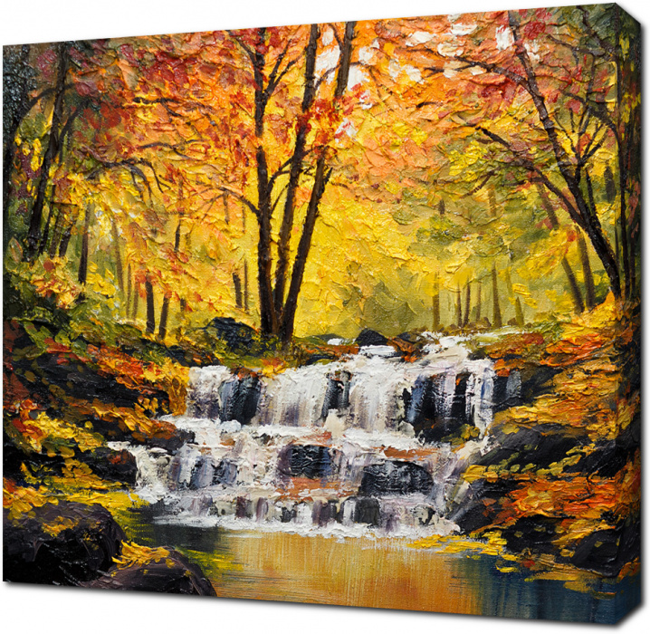 Картина маслом с водопадом в осеннем лесу