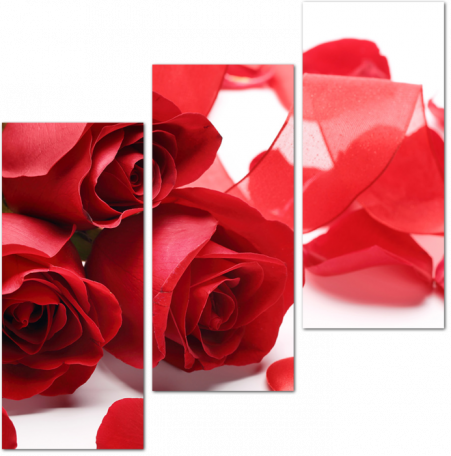 Красные розы с лентой и лепестками