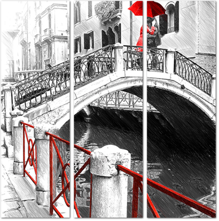 Модульная картина Черно-белая Венеции с красными деталями в стиле рисунка  карандашом: - Арт. 070212 | Купить в интернет-магазине Уютная стена