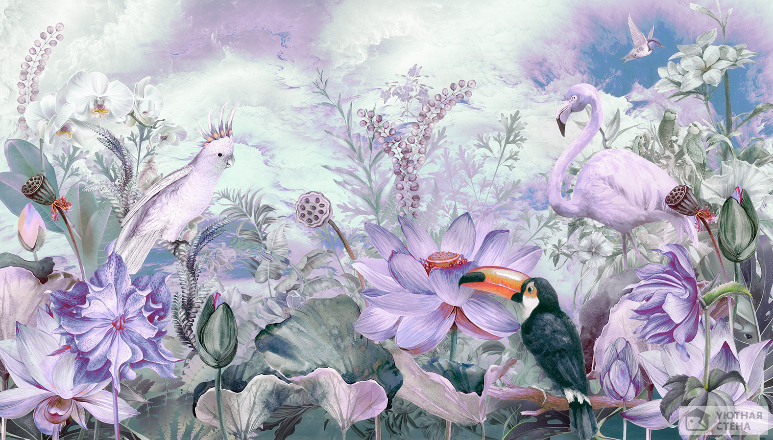 Сиреневый сад цветов и птиц