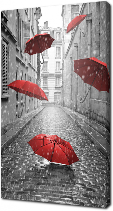 Красные зонты летят по черно-белой улочке
