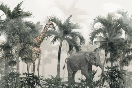 Слон и жираф в джунглях