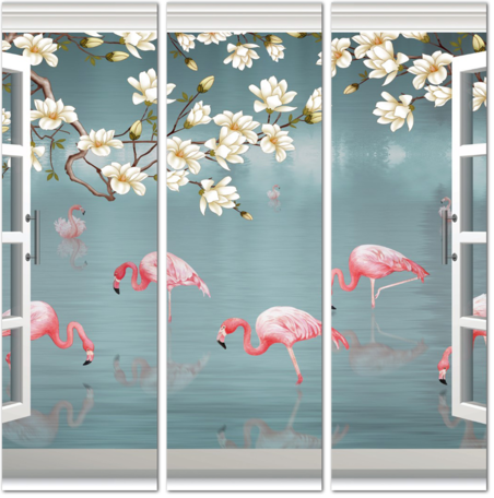 Декоративные фламинго за окном